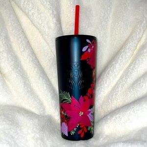 Starbucks Holiday Dark Green Floral Christmas And Bell Stainless Steel Tumbler